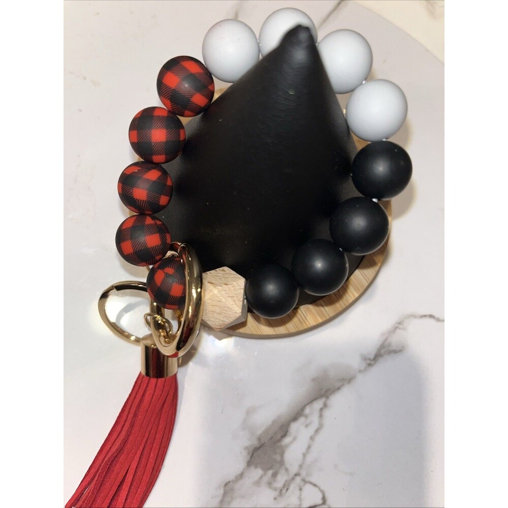 Silicone Beaded Wristlet Keychain Bracelet Tassel Key Ring Holder